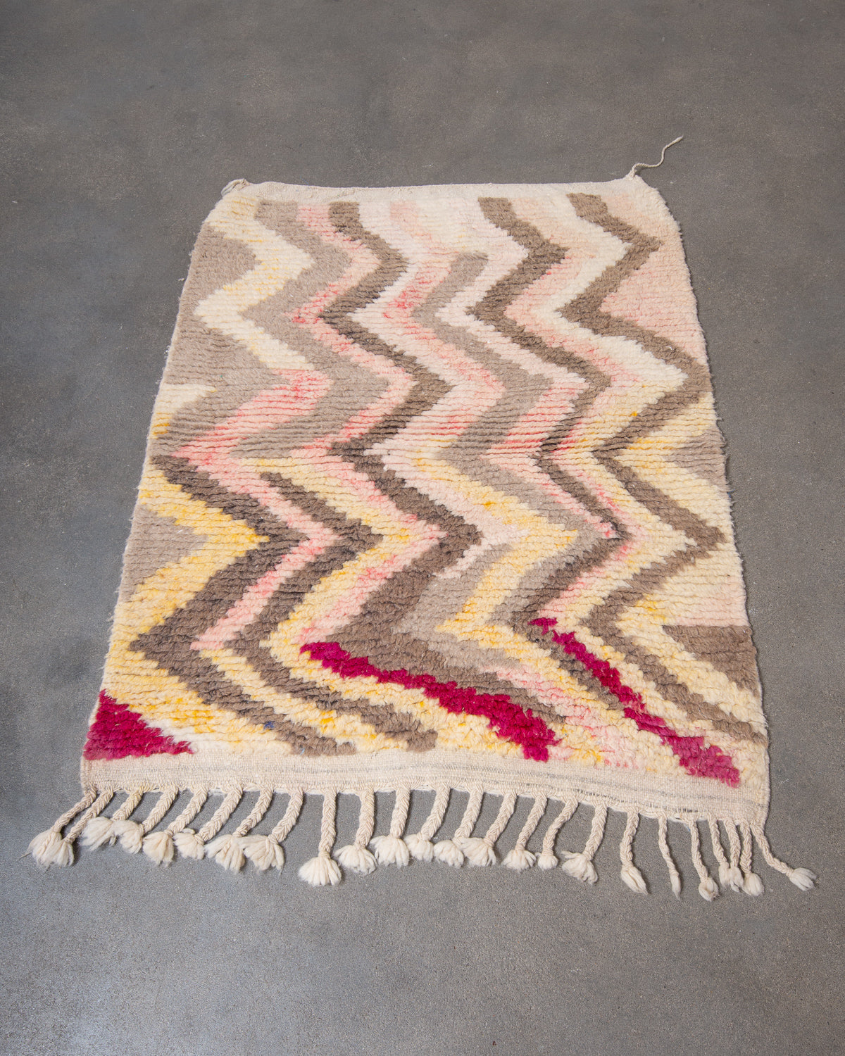 Modern, designer, handcrafted Berber rug from Morocco. Vintage carpet with beautiful colours and patterns and fluffy texture.
